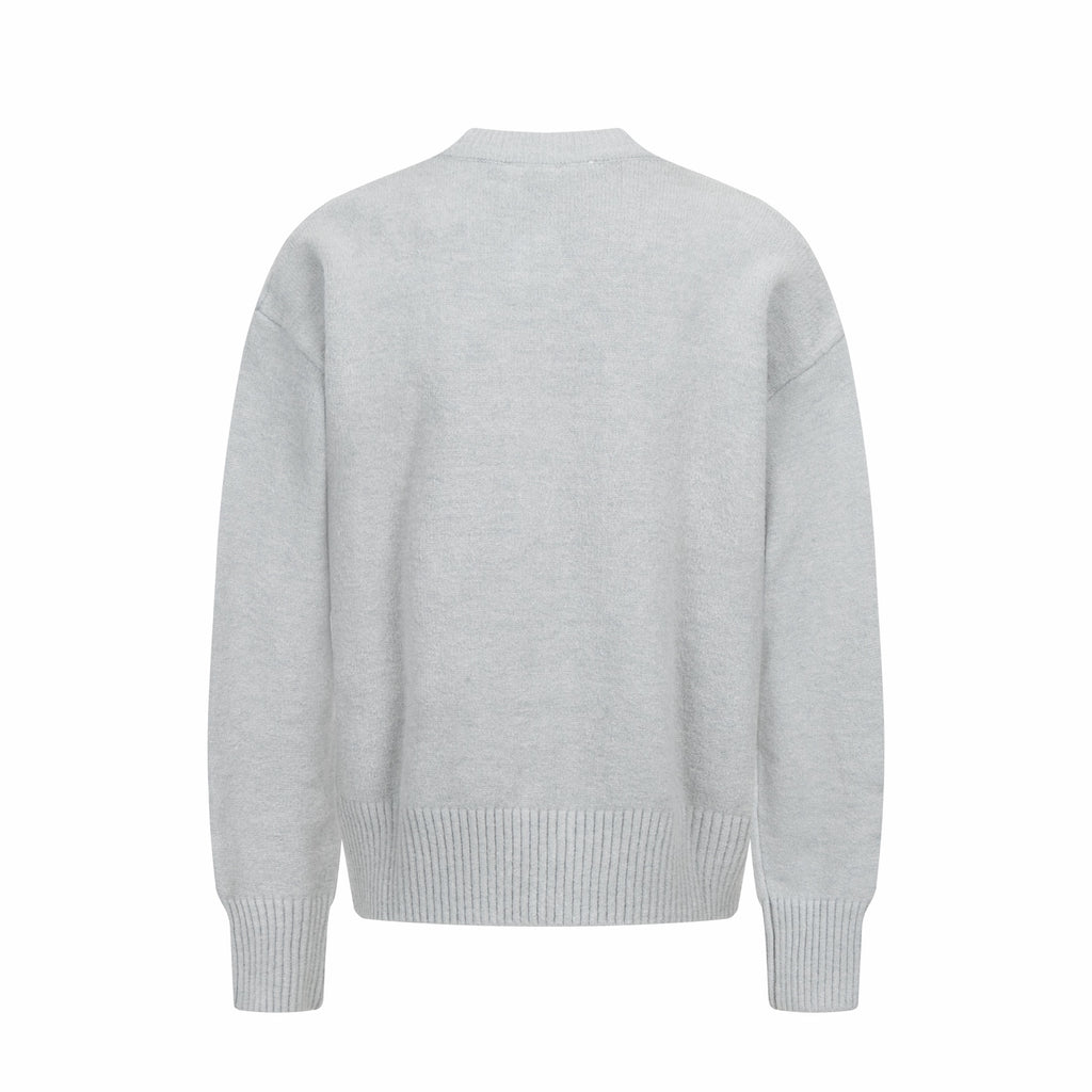 Light gray knit cardigan back view with ribbed hem and cuffs