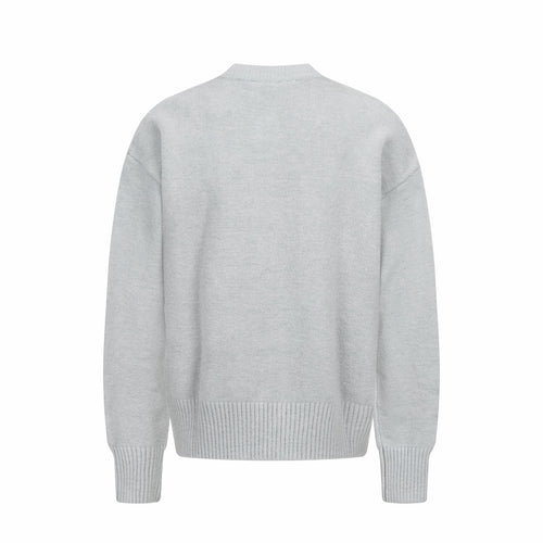 Light gray knit cardigan back view with ribbed hem and cuffs