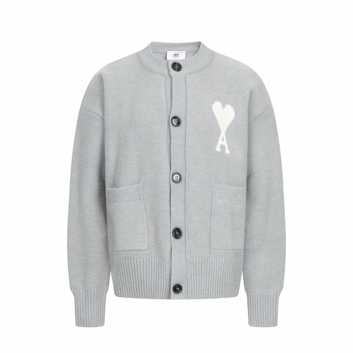 Light gray knit cardigan with button front and white heart logo with letter A