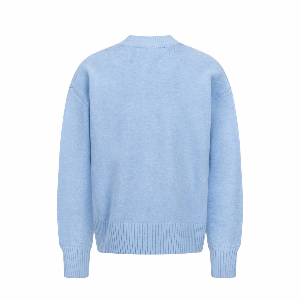 Amiri light blue knit cardigan back view with ribbed hem and cuffs