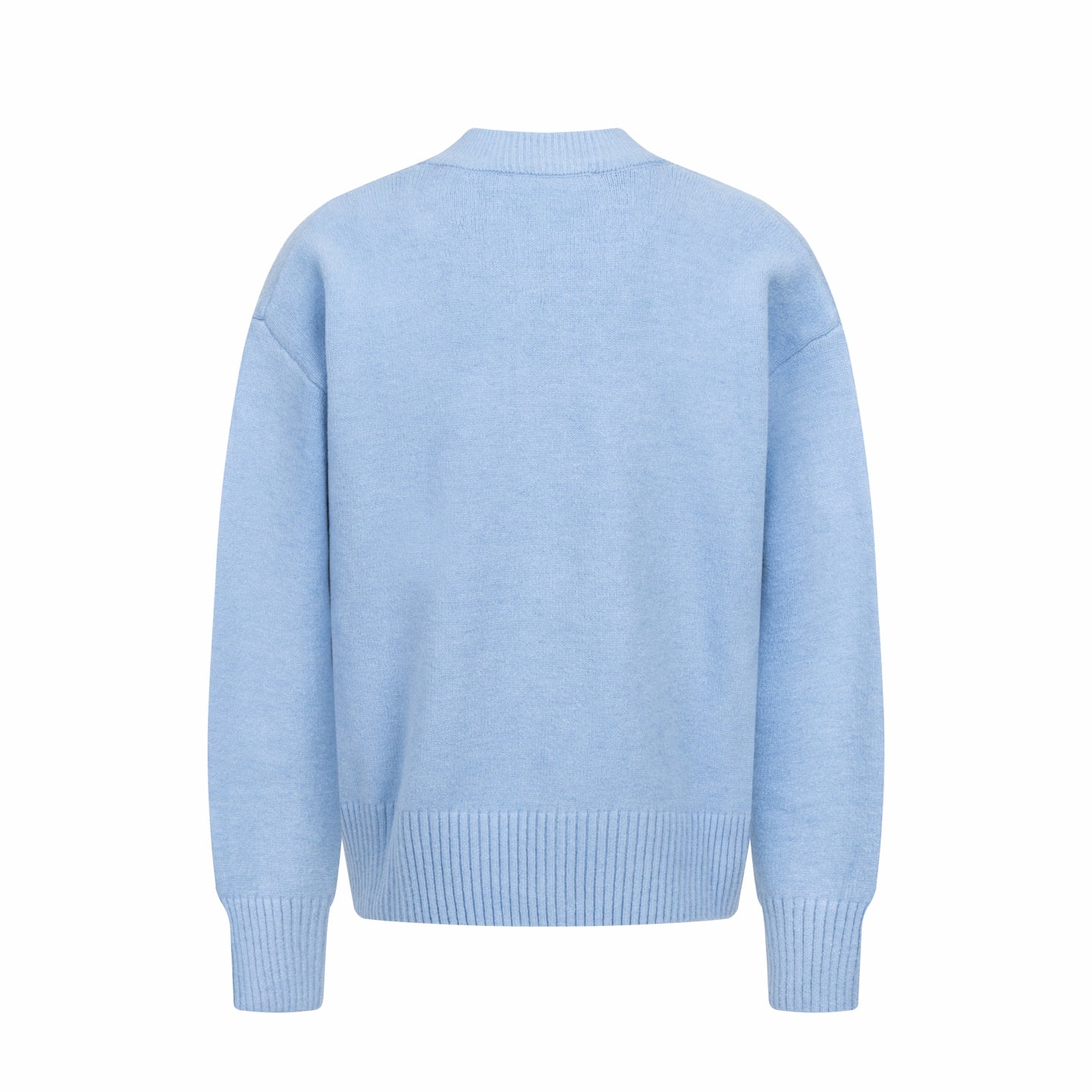 Amiri light blue knit cardigan back view with ribbed hem and cuffs
