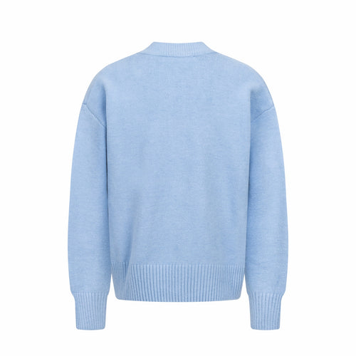 Amiri light blue knit cardigan back view with ribbed hem and cuffs