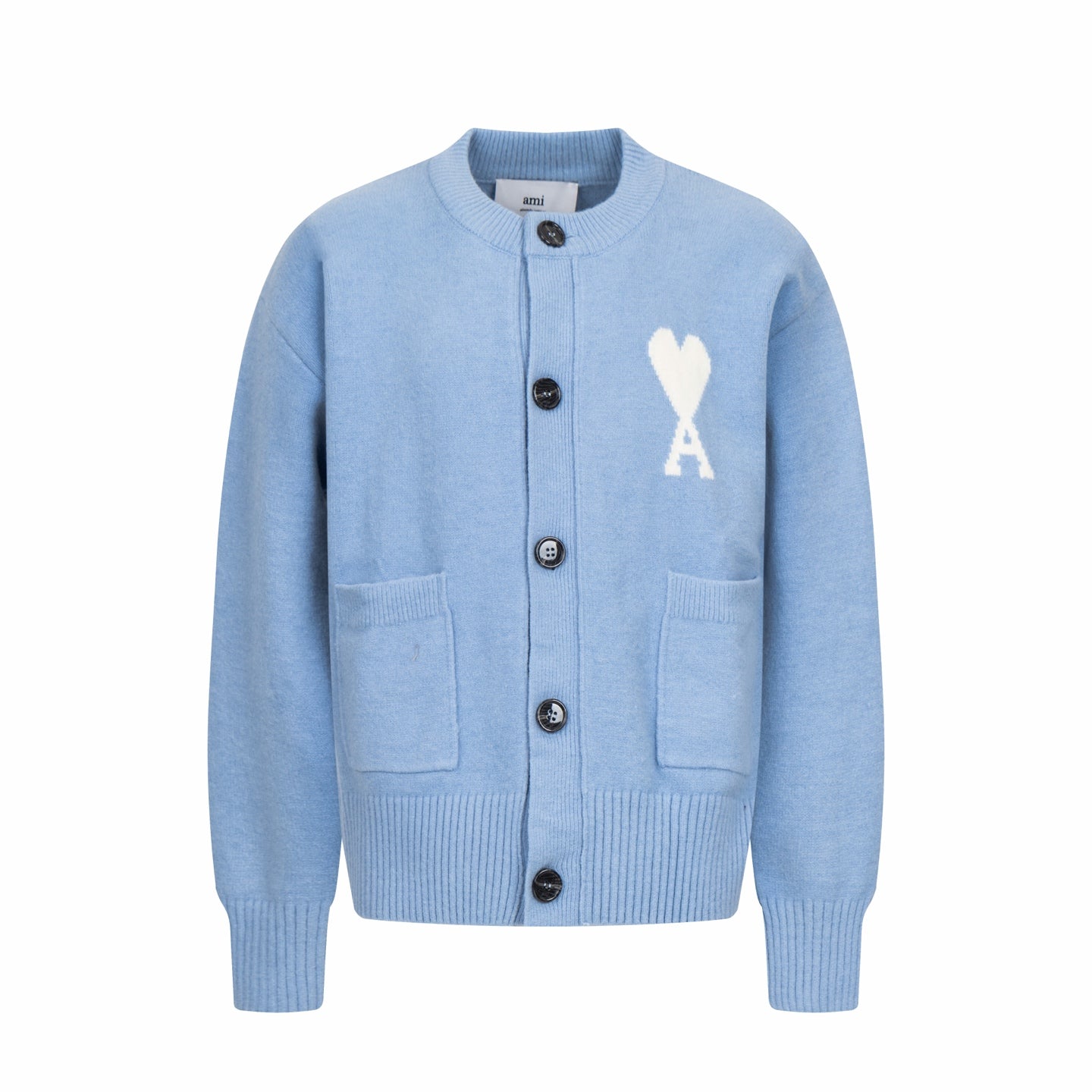 Amiri light blue knit cardigan with button front, ribbed collar, and logo patch