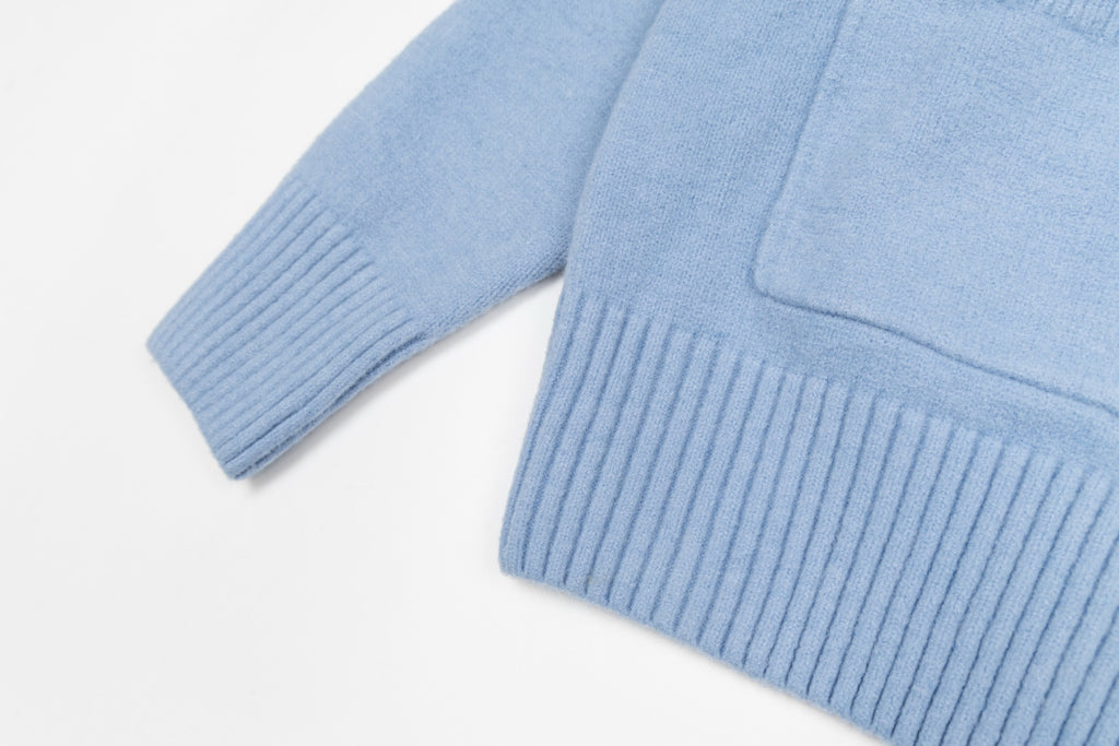 Amiri light blue knit cardigan with ribbed cuff and hem, front pocket detail