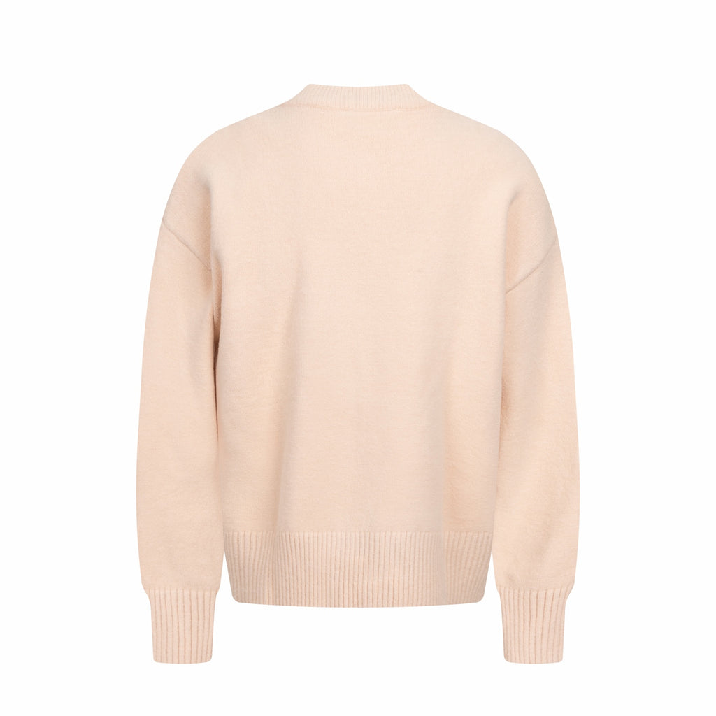 Light pink crewneck sweater back view with ribbed hem and cuffs