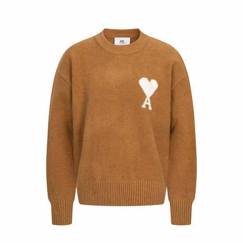 Amiri crewneck sweater in camel brown with white heart logo