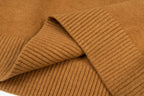 Camel brown sweater knit with ribbed cuff detail and layered fold