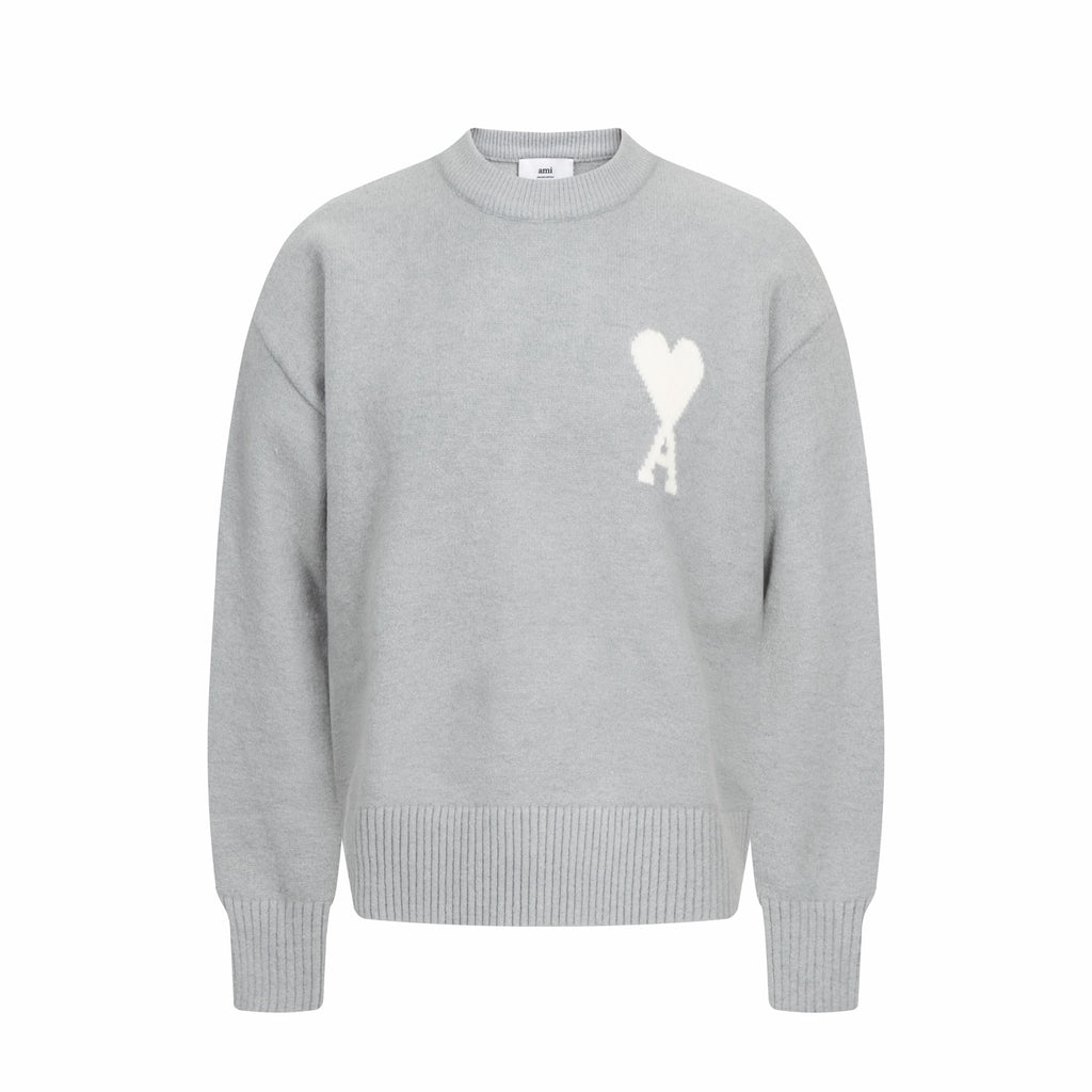Amiri knit sweater in light gray with crew neck and white heart A logo