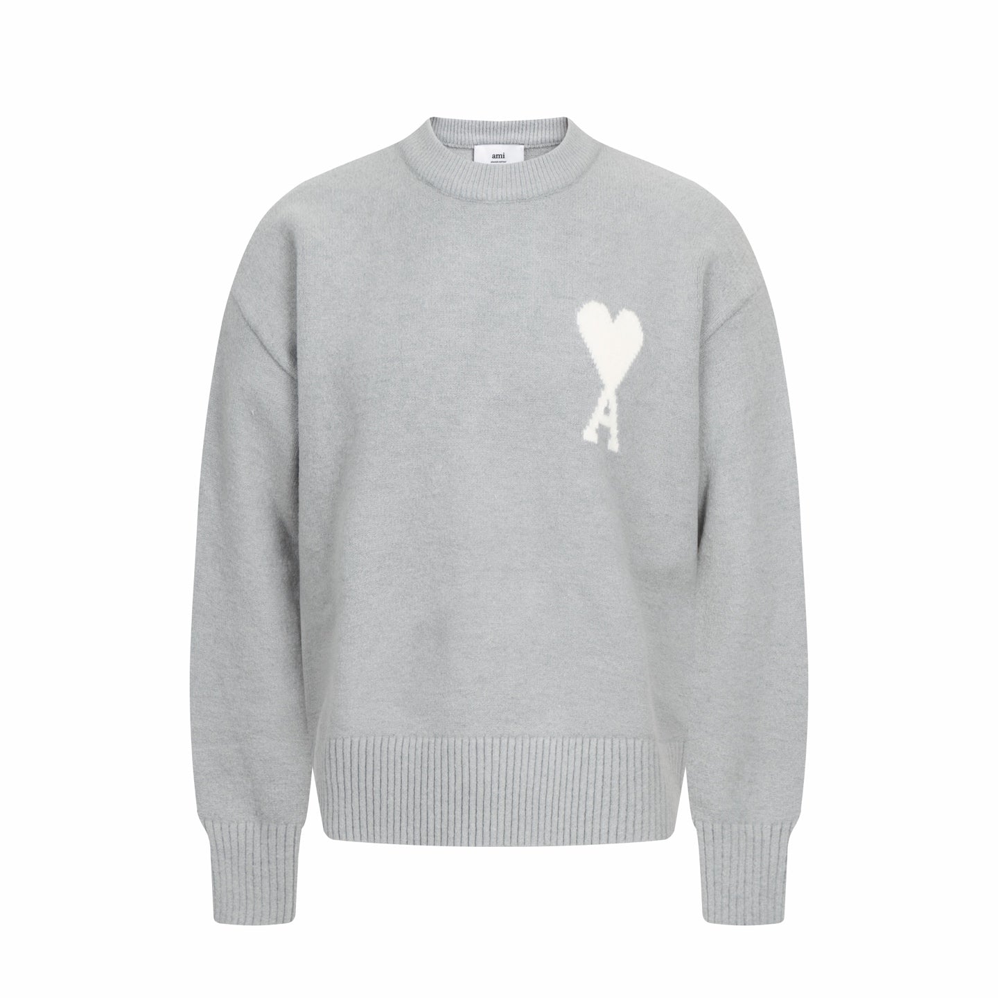 Amiri knit sweater in light gray with crew neck and white heart A logo