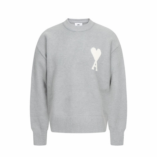 Amiri knit sweater in light gray with crew neck and white heart A logo