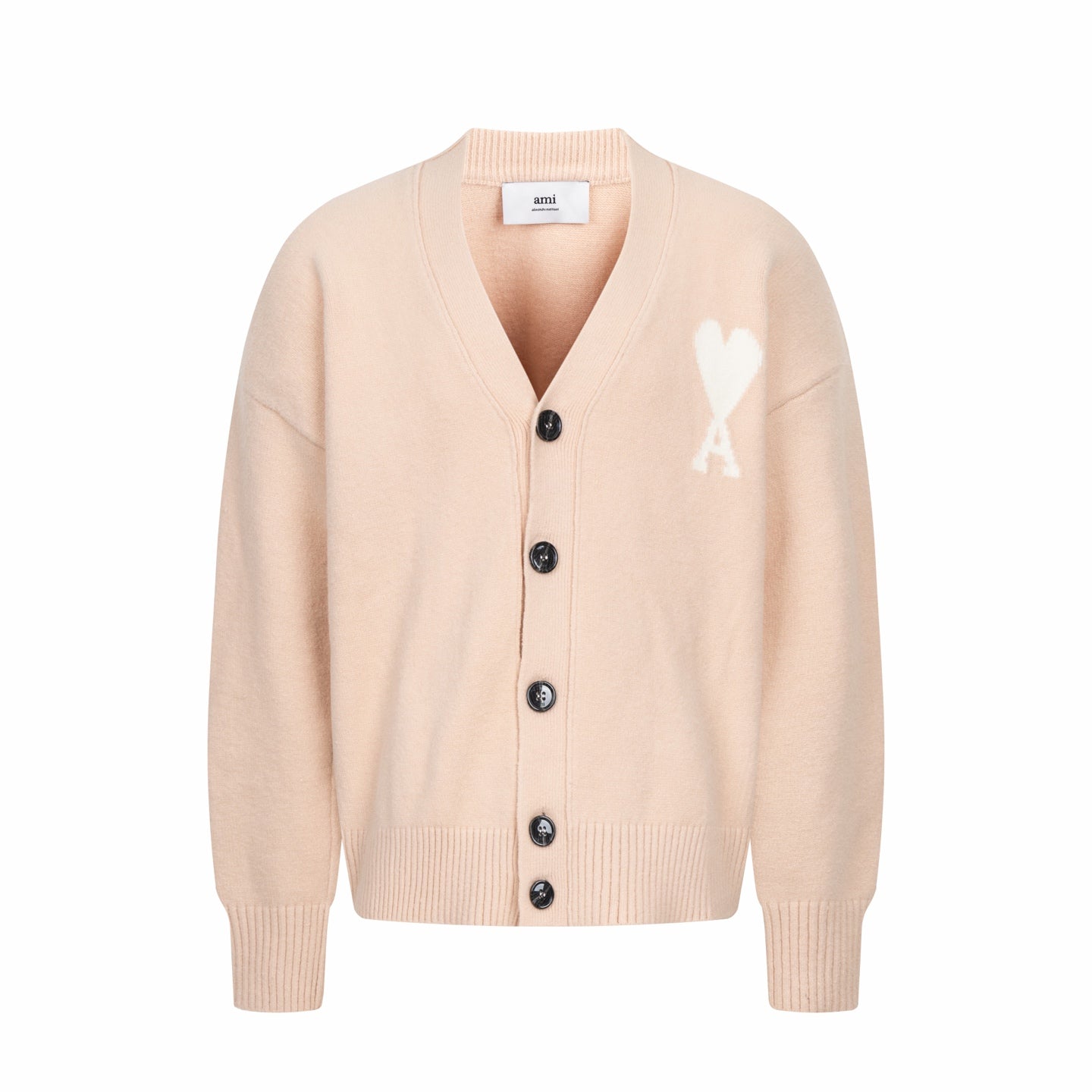 Amiri cardigan in light peach with V-neck, button placket, and A logo on chest