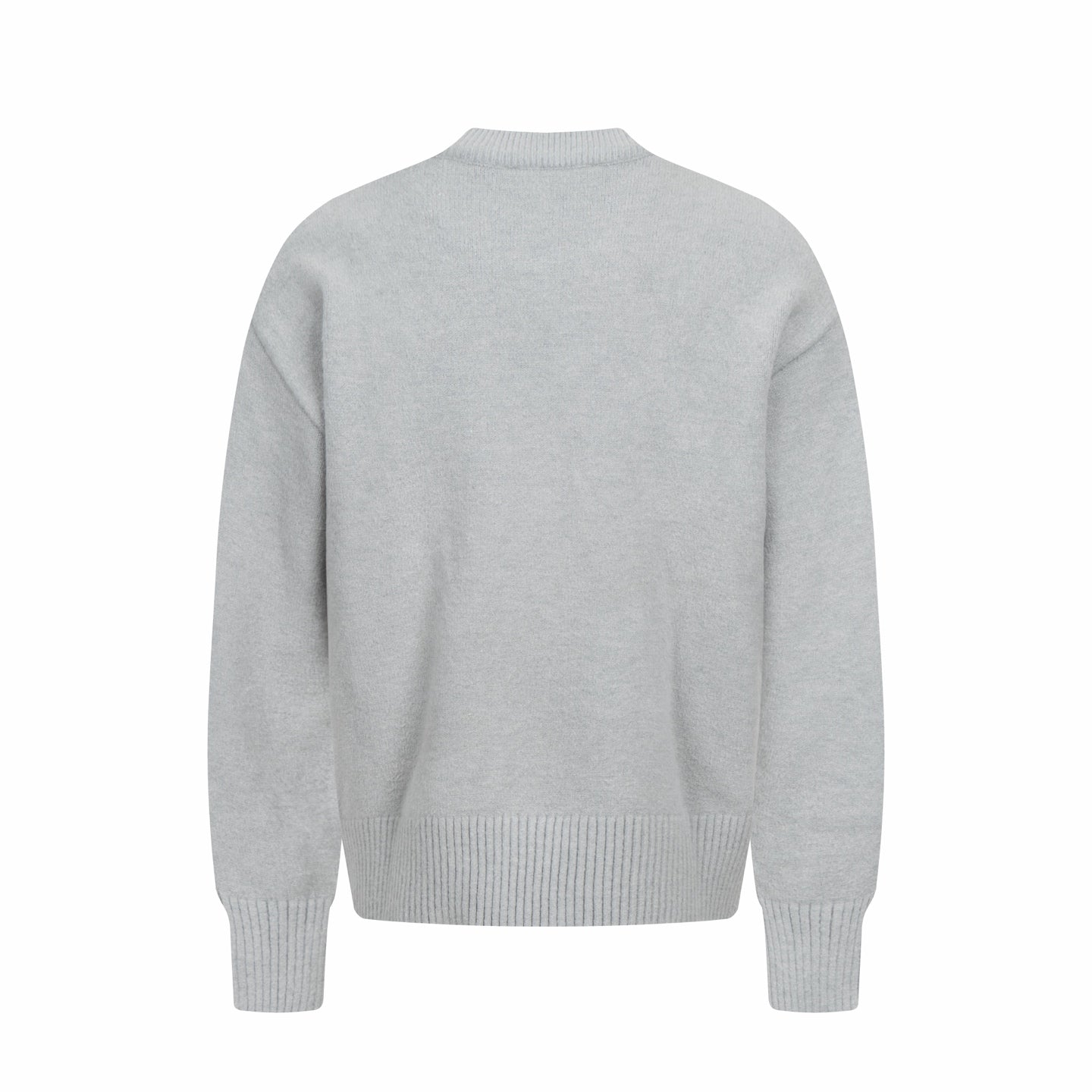 Amiri knit sweater in light gray with crew neck, ribbed cuffs, and hem