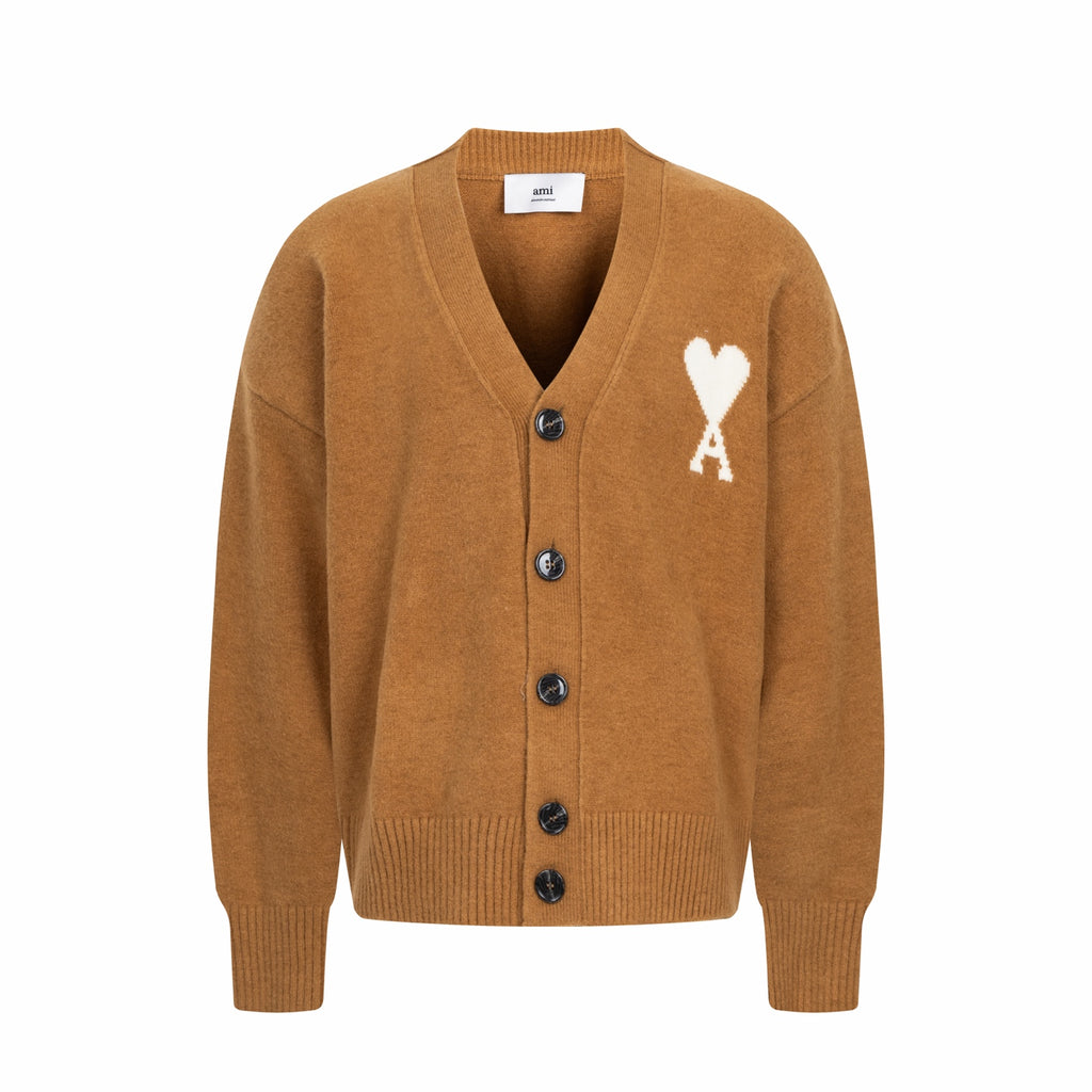 Knit cardigan sweater with V-neck, button front, and white logo on chest