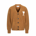 Knit cardigan sweater with V-neck, button front, and white logo on chest