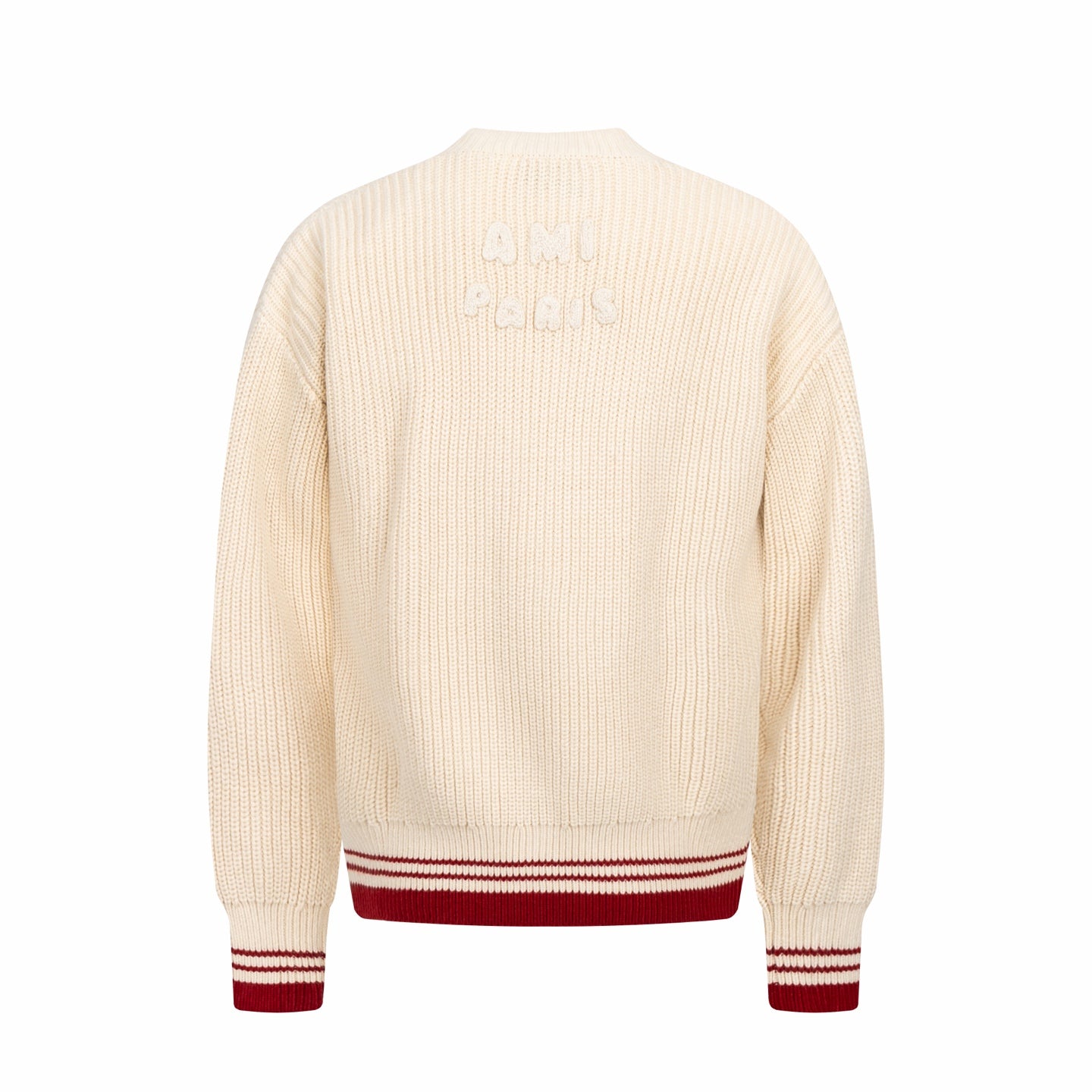 Cream knit sweater back view with red-and-white striped ribbed hem and cuffs