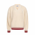 Cream knit sweater with V-neck and red-and-white striped ribbed hem and cuffs