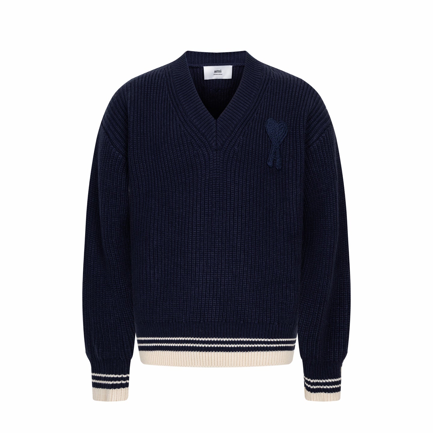 Navy knit sweater with V-neck and ribbed trim at cuffs and hem