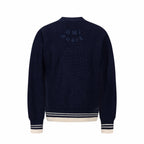 Navy knit sweater back view with ribbed hem and cuffs