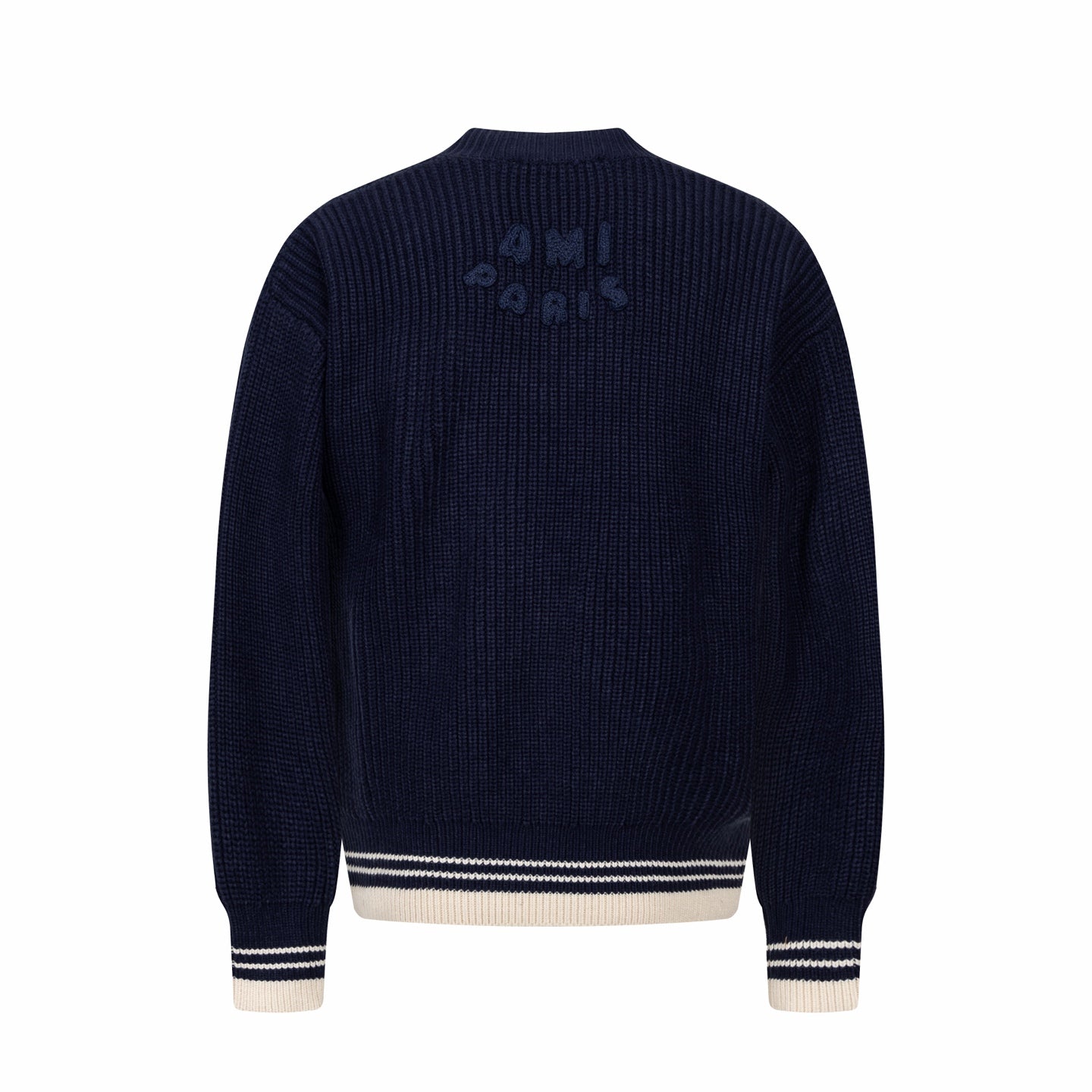 Navy knit sweater back view with ribbed hem and cuffs
