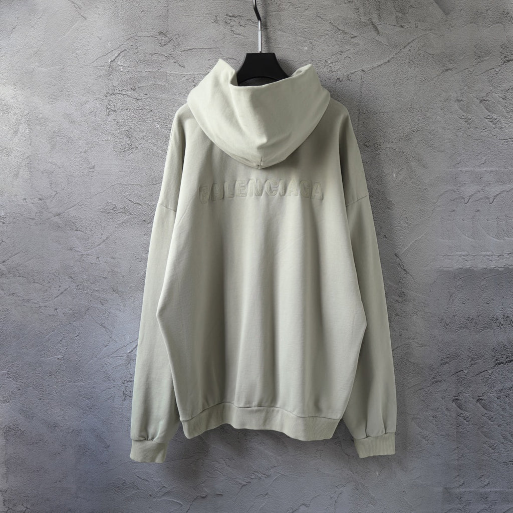 Off-white pullover hoodie with hood and embroidered logo on the back