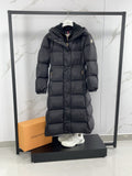Moncler long puffer coat with hood, front zip and side pockets, dark color