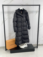 Long puffer coat with hood, front zip, dark color, quilted puffed sleeves