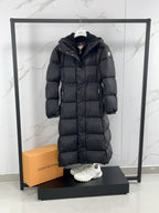 Long puffer coat with hood, front zip, dark color, side pockets