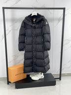 Long puffer coat with hood, front zip, dark color, quilted panels