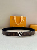 Dark brown monogram leather belt with metal LV buckle.
