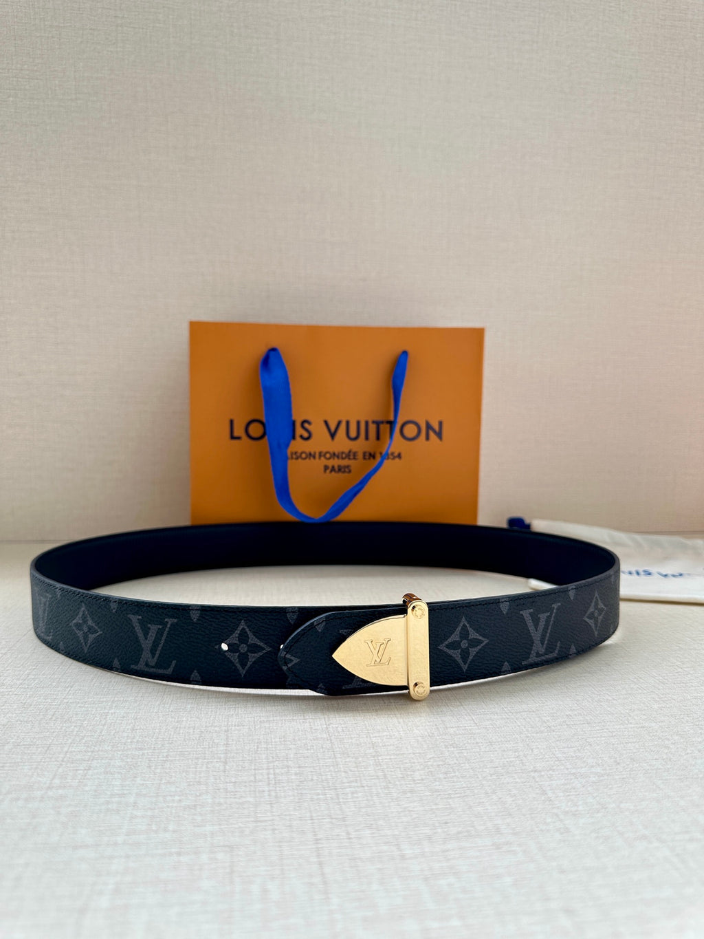 Monogram belt with dark canvas strap and gold-tone clasp buckle
