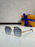 Gold-tone square sunglasses with light blue logo print lenses and textured temple arms