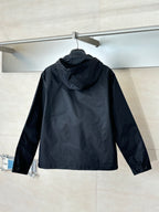 Prada black hooded long jacket, back view with full zip and logo