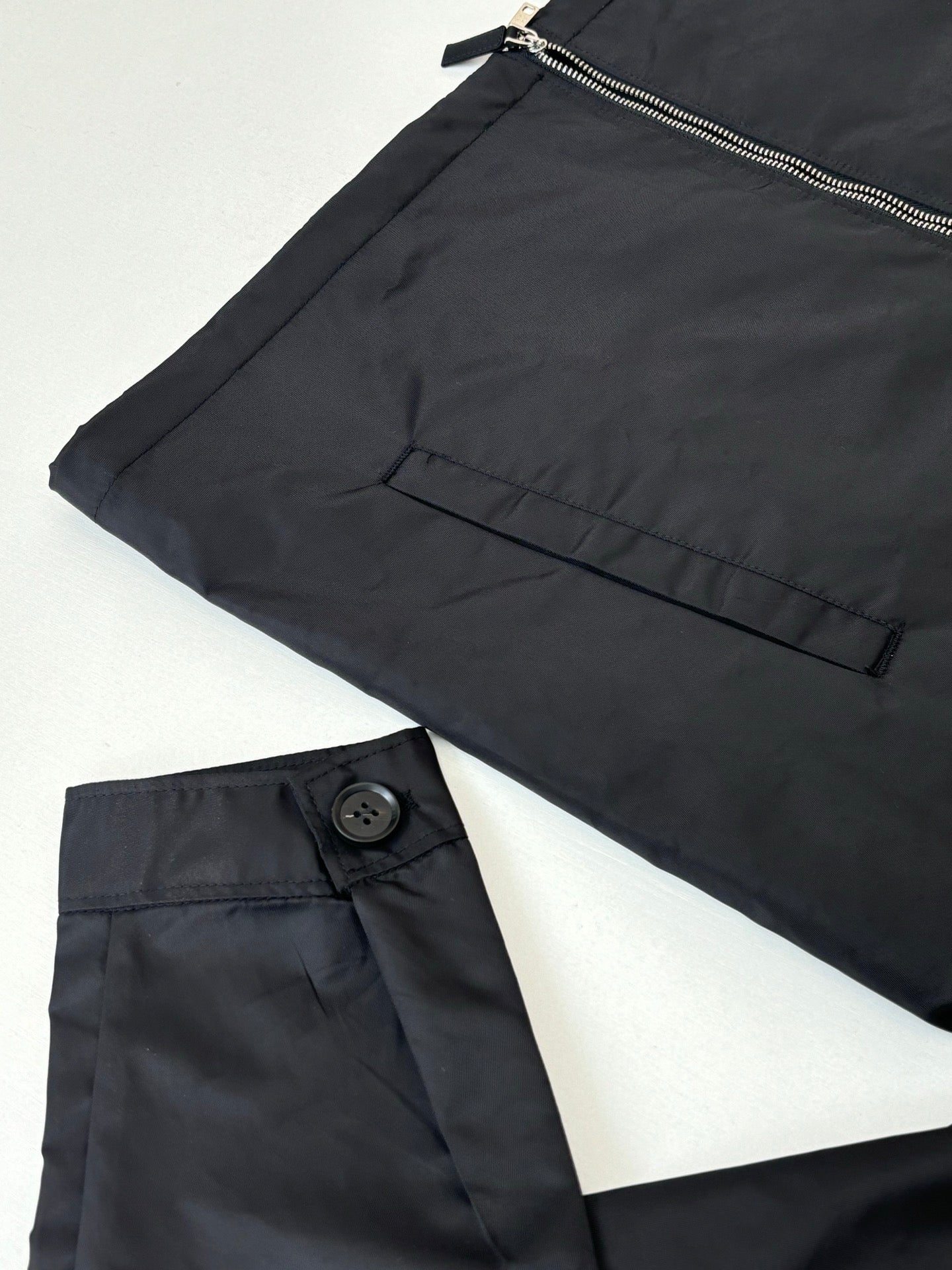 Prada black pants-style jacket bottom with button closure and zipper hem