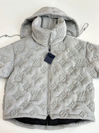 Light gray Louis Vuitton monogram hooded jacket, full-zip front and high collar