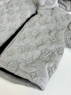Light gray Louis Vuitton monogram zip-up hooded jacket, front close-up