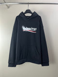 Dark Balenciaga long-sleeve hoodie with front logo graphic and kangaroo pocket