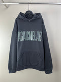 Dark navy long-sleeve hoodie with front logo print and kangaroo pocket