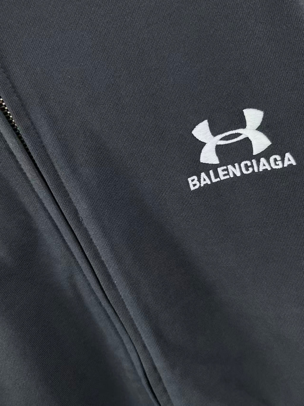 Balenciaga chest logo and zip edge on dark navy zip hoodie