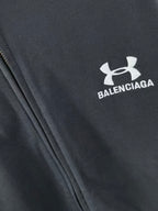 Balenciaga chest logo and zip edge on dark navy zip hoodie