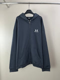 Balenciaga dark navy zip hoodie with hood, front pocket, and chest logo