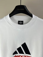 White crewneck sweatshirt close-up with ribbed collar and Balenciaga neck label