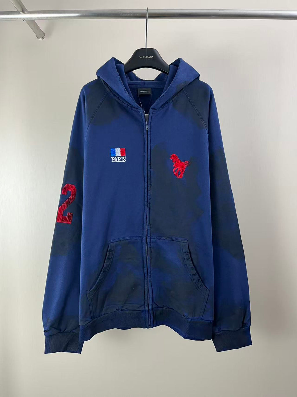 Balenciaga blue zip-up hoodie with hood, red horse and PARIS patch on chest
