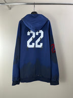 Balenciaga blue zip-up hoodie back with large white 22 graphic and red 2 patch