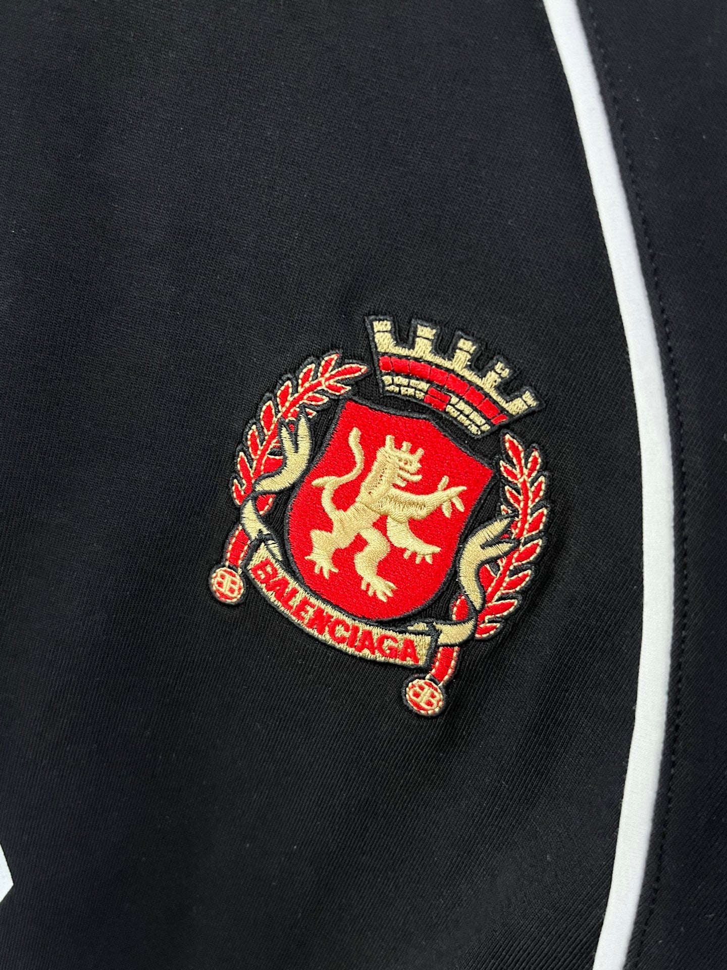 Crest patch on black jersey with red lion and BALENCIAGA banner