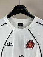 White long-sleeve jersey with ribbed crew neck and Balenciaga chest logo