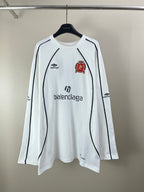 White long-sleeve jersey with Balenciaga logos and crest patch on chest