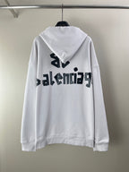 White hoodie back view with hood and black BALENCIAGA logo across upper back