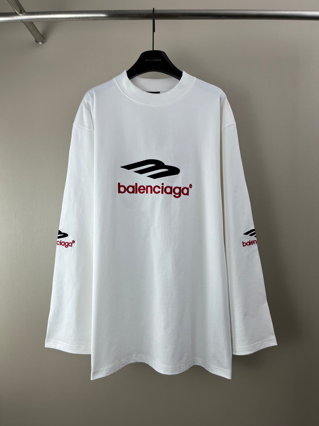 White long-sleeve T-shirt with Balenciaga logo print at chest