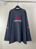 Navy long-sleeve crewneck T-shirt with red and white Balenciaga logo on chest