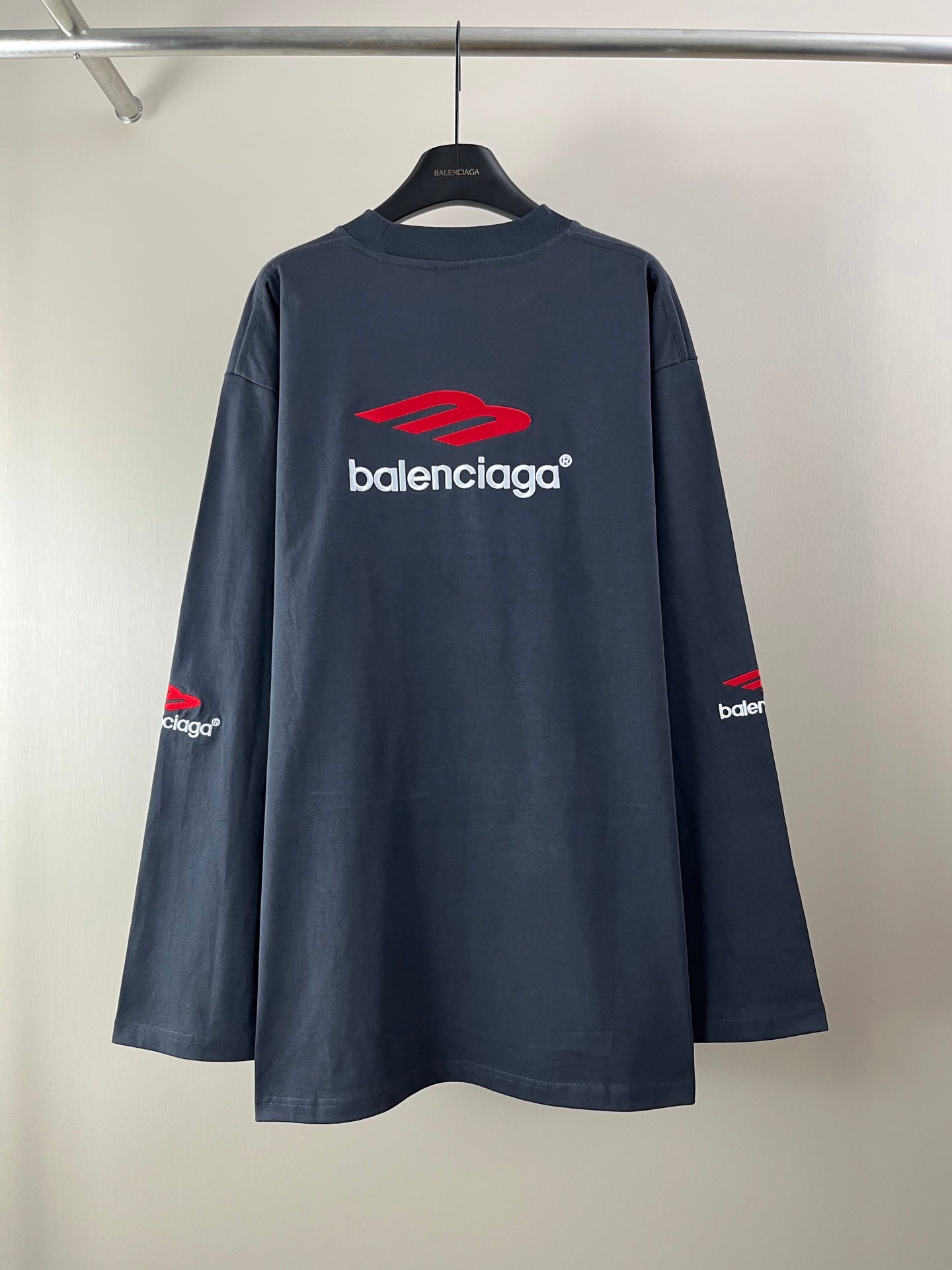 Navy long-sleeve crewneck T-shirt with Balenciaga logo on back